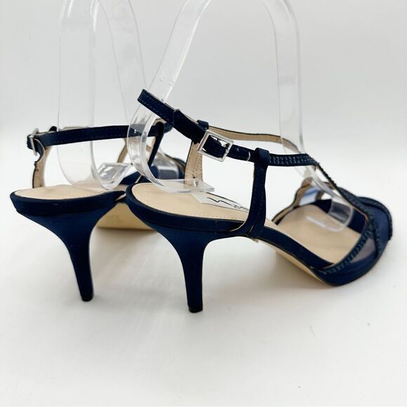 Nina Navy Blue Satin Blossom Slingback Crystal Open Toe Evening Sandal Prom 8.5 - Picture 5 of 14